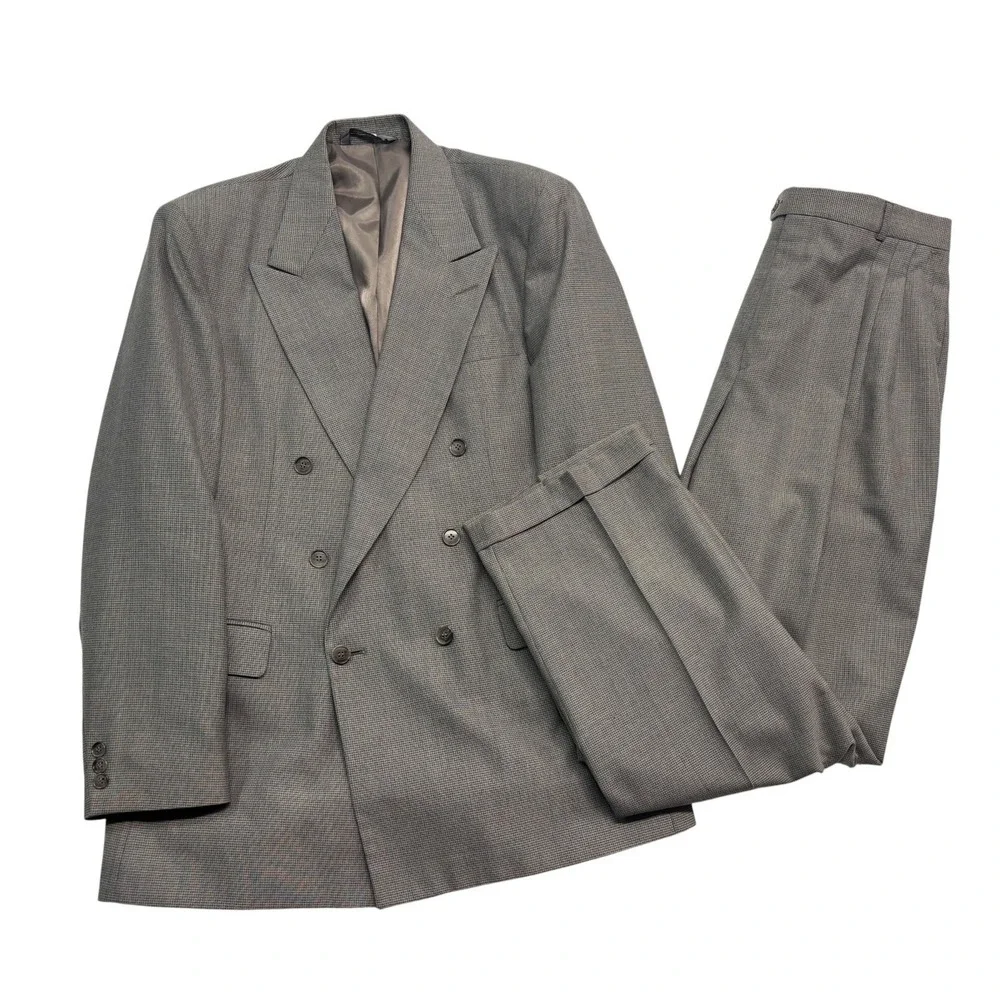 vtg Haggar 40L 34x32 Gray Graph Check Double Breasted 2pc Pant Suit USA Pleated